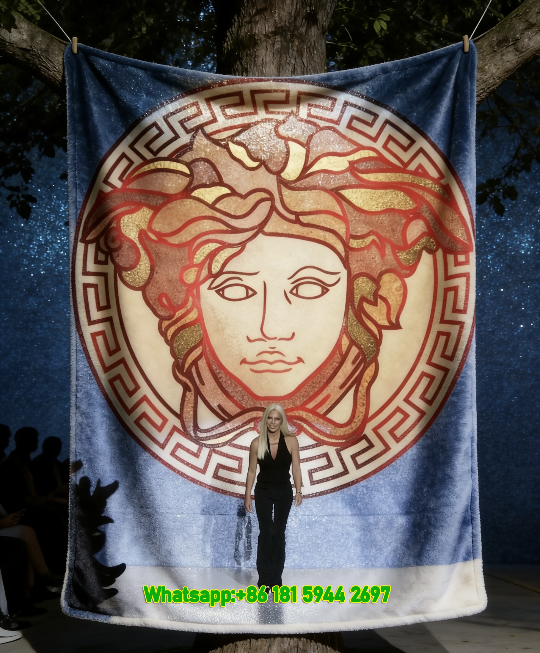 Versace Medusa Logo Runway Backdrop Print Flannel Throw Blanket in Deep Blue Red and Gold IMG_1594